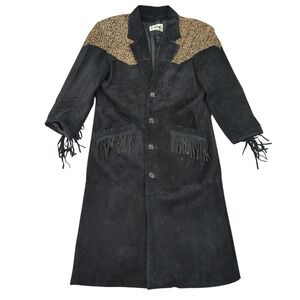 Vtg CHIA Black Suede Leather Fringe Coat Leopard Western Cowboy Long Trench L/XL